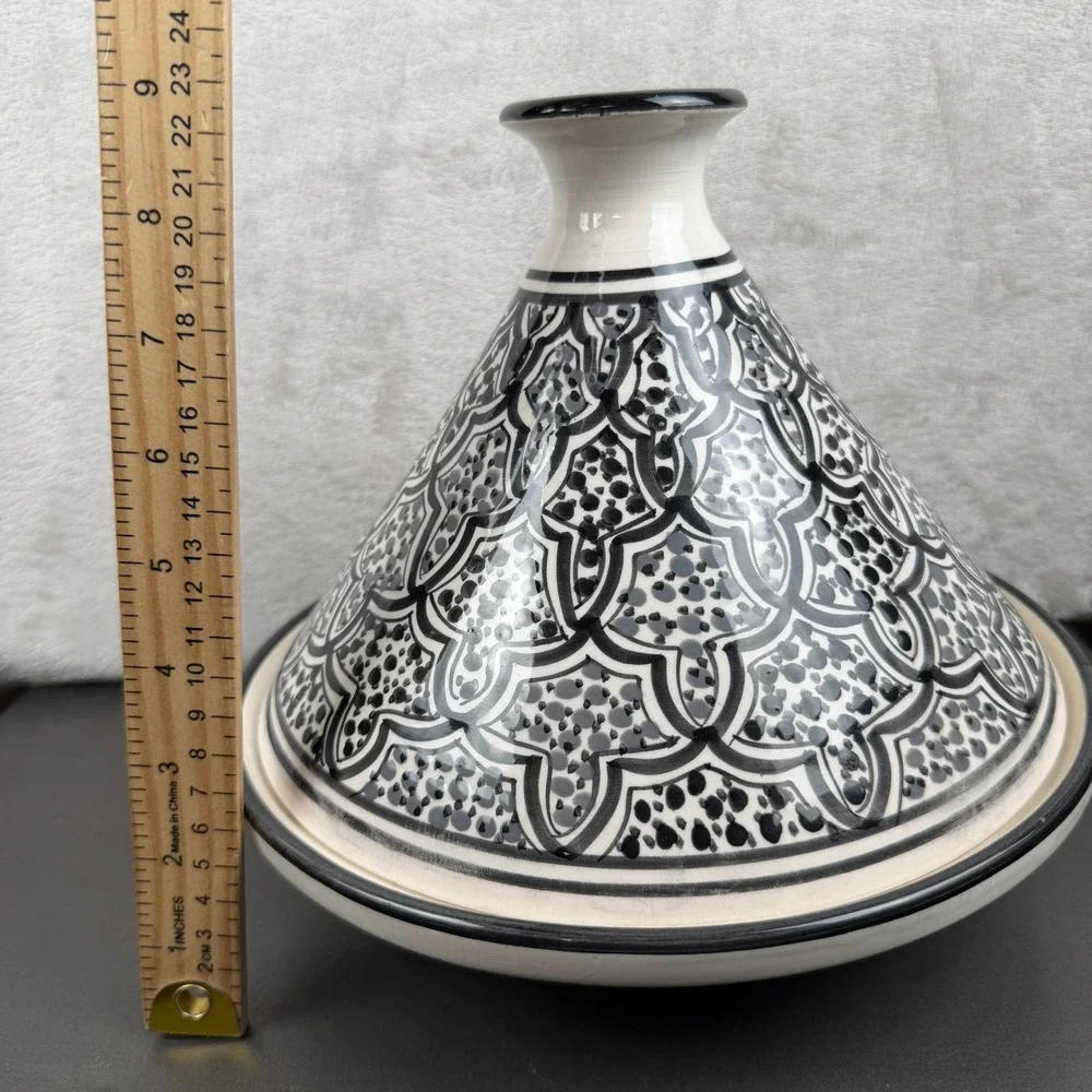 Le Souk Ceramique Tunisia Hand Painted Black White Geometric Ceramic Tagine 10in